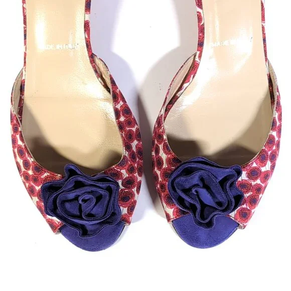 BUTTER D'Orsay Kitten Heels Sz 8.5 Red & Purple Peep toe Pumps Italy
